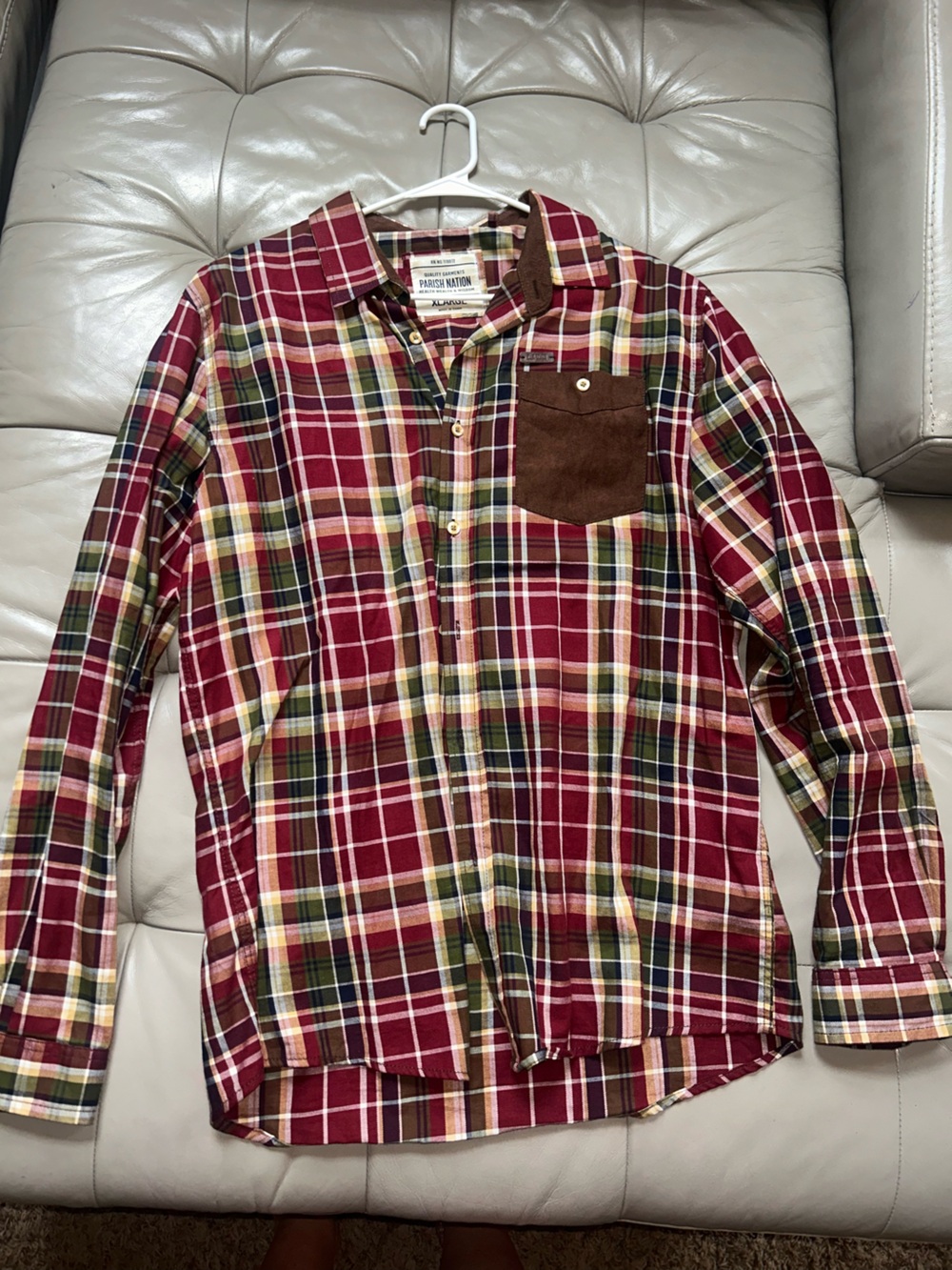 PARISH NATION Plaid Check Flanel Shirt Maroon/Green/Brown Elbow Patches Men's XL